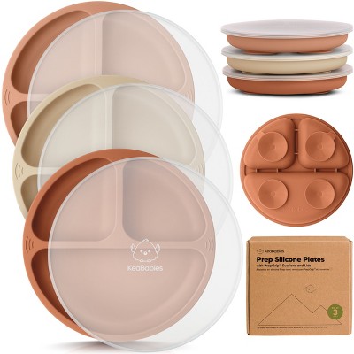 3-Pack Prep Suction Plates with Lids, 100% Silicone Baby Plates with Lid, BPA-Free Kids Divided Toddler Plates