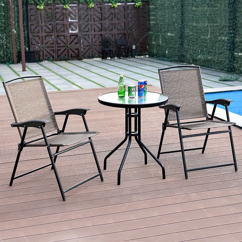 Costway 3PC Bistro Patio Garden Furniture Set 2 Folding Chairs Glass Table Top Steel, 3 of 11