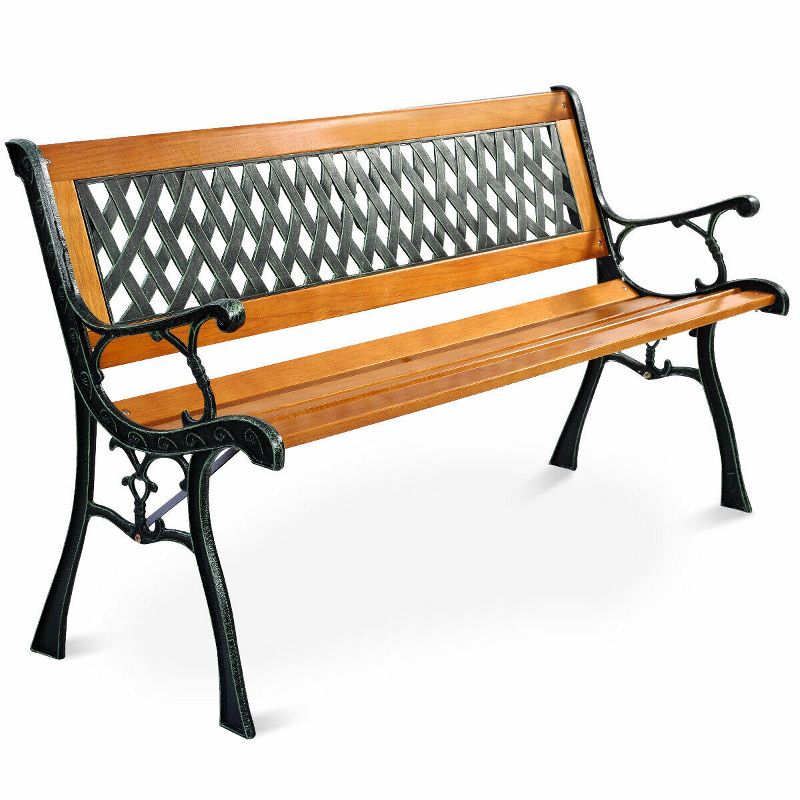 49 1/2'' Patio Park Garden Bench Porch Path Chair Outdoor Deck Cast Iron Hardwood, 1 of 11