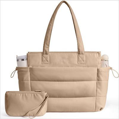 Tote Bag for Women with Giant Tumbler Holder Pocket, Puffer Work Travel Laptop Handbag with Zipper