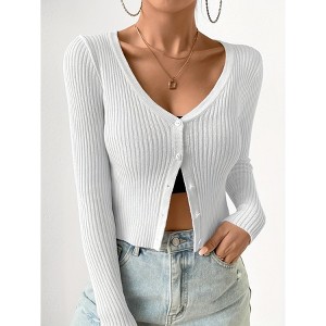 Women's V-Neck Button Up Cardigan Short Sleeve Cropped Knit Sweater - 1 of 4