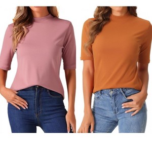 INSPIRE CHIC Women's Half Sleeve Casual Turtleneck Solid Elastic Soft T-Shirts 2 Packs - 1 of 4
