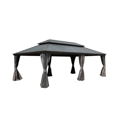 VisioGear 14'*22' Patio Hardtop Gazebo with Double Roof and Netting, Large Pavilion Gazebo for Patio Deck Garden, Gray, 260.08"*165.59"*126.42"
