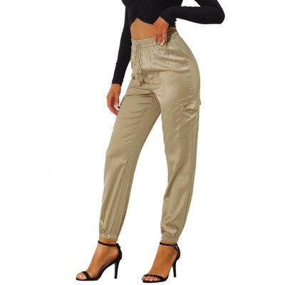 Unique Bargains Women's Drawstring Elastic High Waist Satin Cargo Pants 