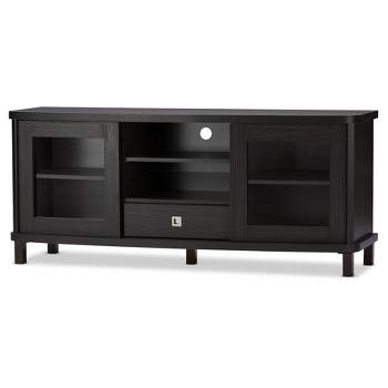 Walda Wood Cabinet with 2 Sliding Doors and 1 Drawer TV Stand for TVs up to 60" Dark Brown/Gray - Baxton Studio