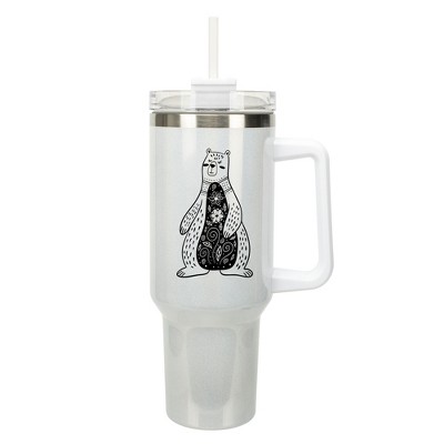 Elanze Designs 40 Ounce Travel Tumbler With Straw and Lid Stainless Steel Double Wall Insulated Whimsical Floral Bear White Glitter