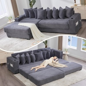 110.75" Modular L-Shaped Sofa Bed, Corduroy Sectional Couch with Footstool, 8 Pillows, Cup Holders & Side Pockets, Sleeper Sofa for Living Room - 1 of 4