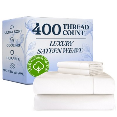 100% Cotton 400 Thread Count 4 Piece Sheet Set - Soft & Cozy Sateen Bed Sheets - CGK Linens