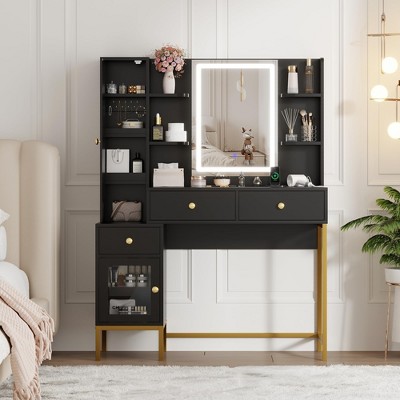 Makeup Vanity and Stool, Vanity Desk with Lights in 4 Colors, White Vanity Table with Charging Station, Visible Cabinet with Led Lights