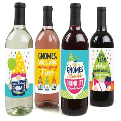 Big Dot of Happiness Gnome Birthday - Happy Birthday Party Decorations for Women and Men - Wine Bottle Label Stickers - Set of 4