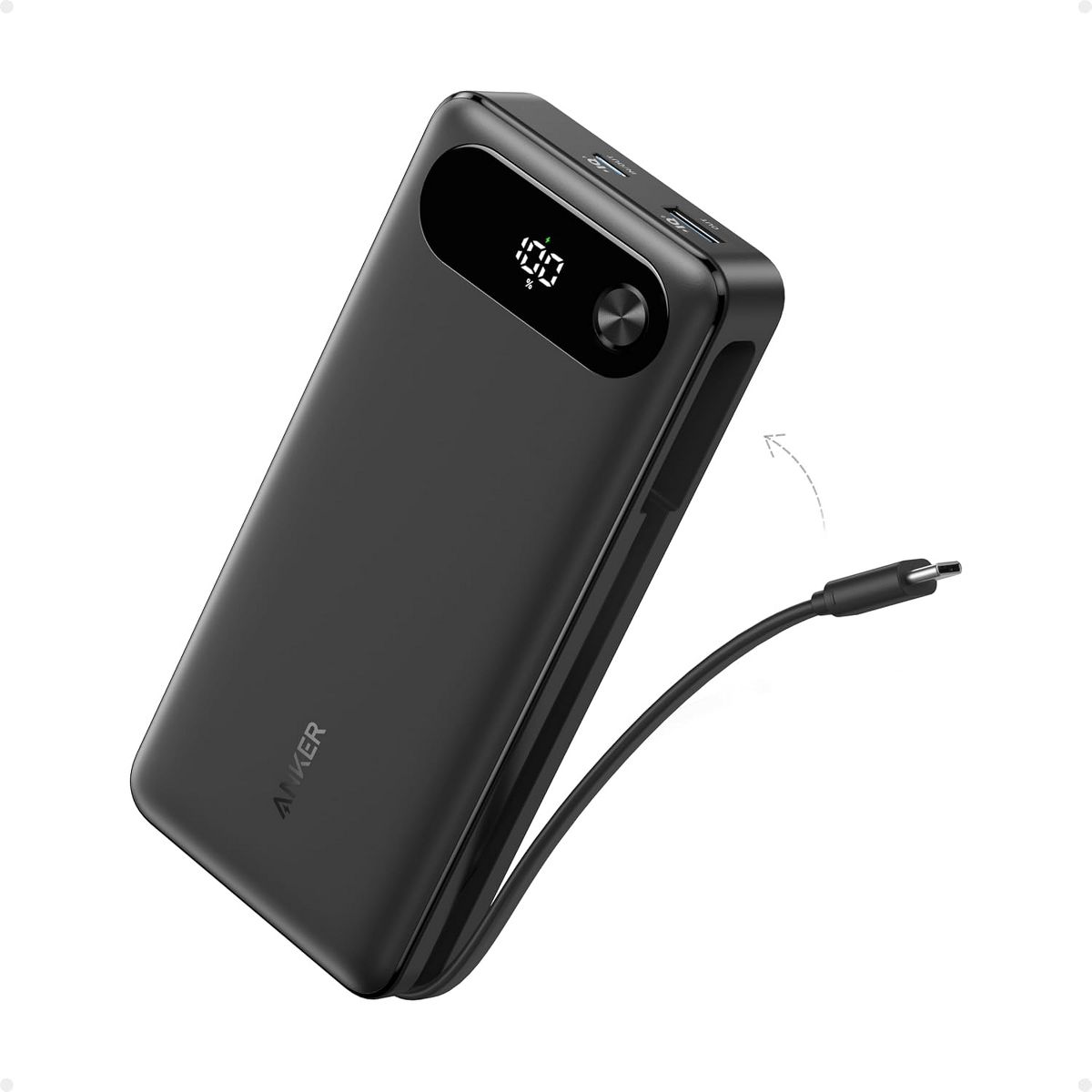 Anker Power Bank, 20,000mAh Travel Essential Portable Charger with Built-in USB-C Cable, 3-Port 87W Max Fast Charging Battery Pack