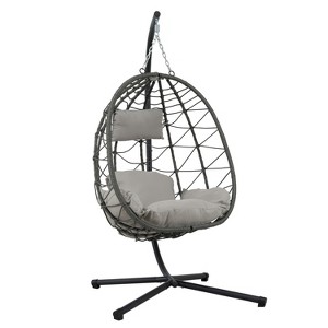 CAVINAS Wicker Swing Egg Chair with Cushion and Stand,Patio Swing Hanging Basket Chair with Stand for Bedroom Porch Garden - 1 of 4