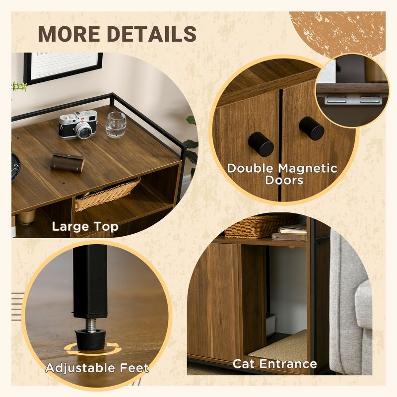 PawHut Hidden Cat Litter Box Enclosure with Scratching Pad, Cat Washroom Storage Bench Side End Table with Double Doors, Brown, 6 of 8