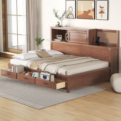 NicBex Full Size Daybed with Storage Wooden Day bed Frame with Shelf Cabinet, 3 Large Drawers and USB Ports for Apartment