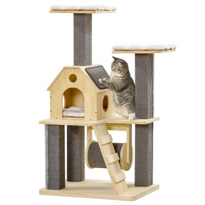 Gulches Cozy-House Cat Tree for Indoor Cats with Pillow-Covered Perches,Modern Climbing Activity Cat Tower with Scratching Posts,Cat Condo,Natural