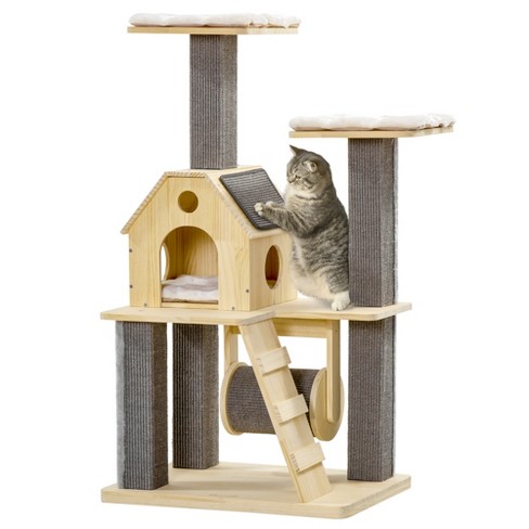 Pawhut 49 Cat Tree Kitty Activity Center Wooden Cat Climbing Toy With Condo Roller Ladder Cushions And Sisal Scratching Post Pad Natural Target