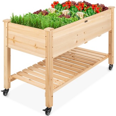 Best Choice Products Raised Garden Bed 48x24x32in Mobile Elevated Wood Planter w/ Lockable Wheels, Storage Shelf, Liner