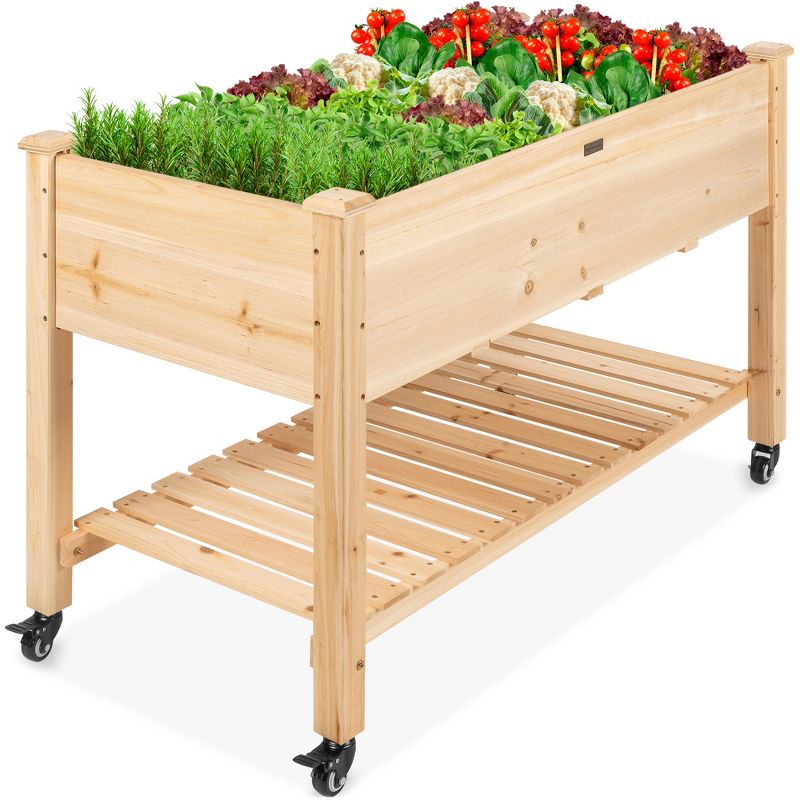 Best Choice Products Raised Garden Bed 48x23x32in Wood Mobile Elevated Planter w/ Wheel Locks, Shelf, Liner, 1 of 9