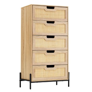 Rattan Openwork 5-Drawer Chest – Farmhouse Modern Bohemian Tall Cabinet & Storage Organizer for Bedroom, Living Room, Entryway, Black - 1 of 4