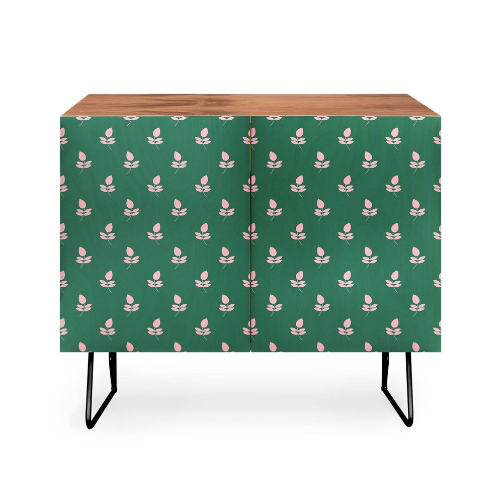 Maritza Lisa Retro Pink Leaf Pattern Credenza: Mid-Century Modern, Adjustable Shelves - Deny Designs