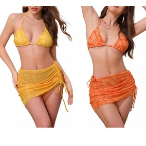 INSPIRE CHIC Women's Water Ripples Colorblock Halter Tie Back Top Triangle Bottom Mesh Cover Up Swimwear Bikini 2 Sets - 1 of 4