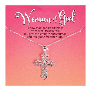 Dicksons Woman Of God Open Bud Cross Large Silver Plated 18 Inch Stainless Steel Necklace On Presentation Card - 1 of 4