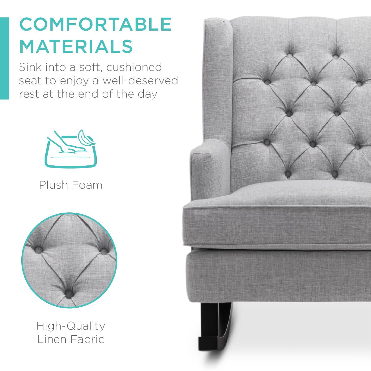 Best Choice Products Rocking Accent Chair, Tufted Upholstered Wingback for Home, Nursery w/ Wood Frame - Gray - thumbnail 4