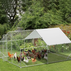 Large Metal Chicken Coop, Walk-in Poultry Cage with Cover, Spire Roof Hen House with Security Lock, Chicken Run for Backyard, 9.8' x 6.6' x 6.5' - 1 of 4