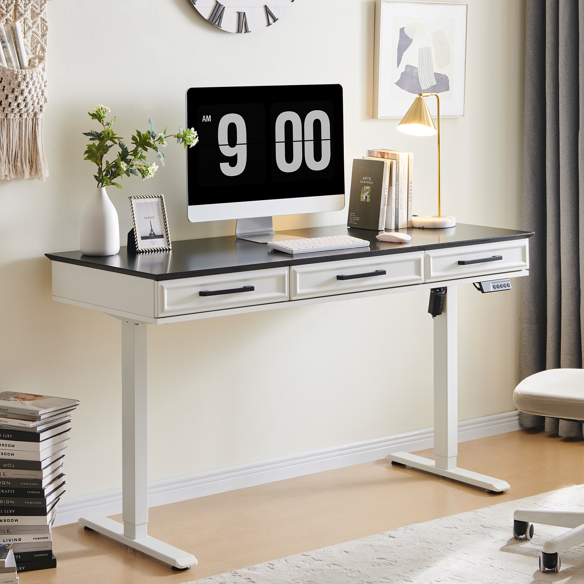 Electric Standing Desk with Drawers, 55x22 Inch Adjustable Height, One-Piece Desktop, Stand Up Desk with Power Outlets, Home Office Desk, White