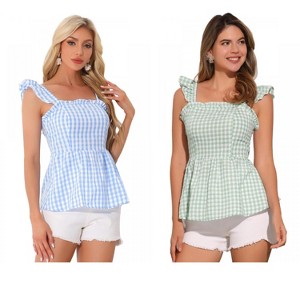 INSPIRE CHIC Women's Summer Square Neck Sleeveless Plaid Gingham Peplum Top 2 Packs - 1 of 4
