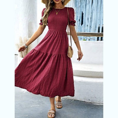 Women's Summer Crew Neck Short Sleeve Smocked Midi Dress Casual Elastic Waist Tiered A Line Flowy Maxi Dress