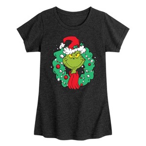Girls' - Dr. Seuss - Grinch Wreath Fitted Short Sleeve Graphic T-Shirt - 1 of 4