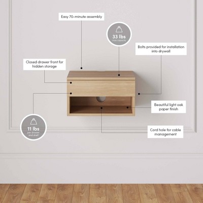 Light Oak Floating Nightstand with Drawer and Open Shelf, Set of 2