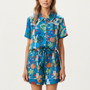 Anna-Kaci Lounge Women's Whimsical Garden Animal Print Pajama Set with Short Sleeve Button-Up Top and Matching Shorts - 1 of 4