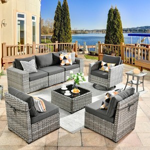 Marlton 8pc Wicker Outdoor Patio Furniture Set Conversation Sofa Sectional with a Swivel Chair and Cushions - 1 of 4