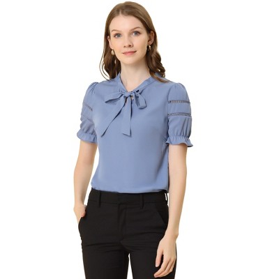INSPIRE CHIC Women's Bow Tie Collar Elegant Office Short Sleeve Blouse