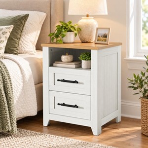 Farmhouse Nightstand with 2 Drawers and Open Compartment, Charging ...