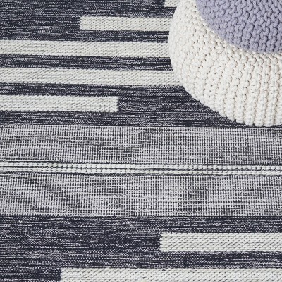 Ivory and Black Striped Wool Cotton Area Rug