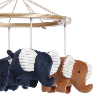 Blue and Caramel Velour Elephant Musical Baby Crib Mobile