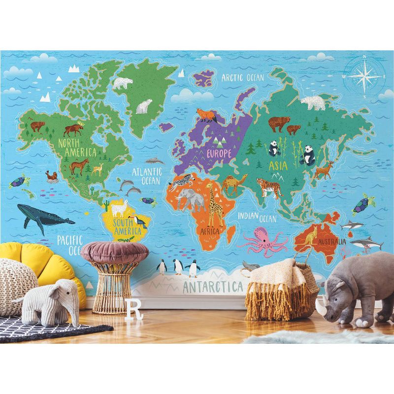World Map Wall Mural Blue/Green - RoomMates, 2 of 5