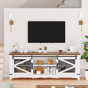 Modern Farmhouse TV Stand, Fits 75" TV - 65" White Entertainment Center with Sliding Barn Doors, Storage Compartments and Adjustable Shelves - 1 of 4