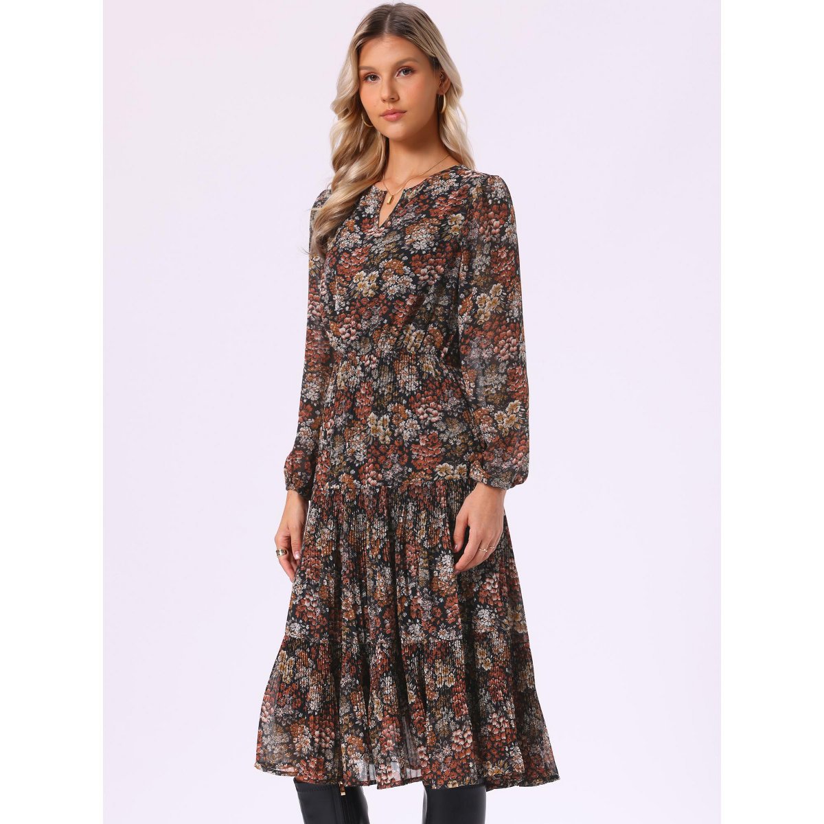 Женские платья INSPIRE CHIC Women's Chiffon Floral Fall Long Sleeve Flowy Pleated Midi Dresses Small Black — фото 4