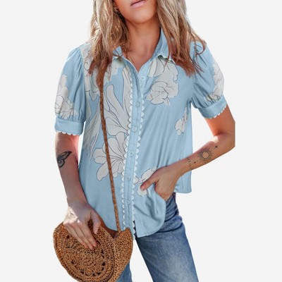 Amaryllis Women’s Puff Sleeve Collared Button Front Blouse Scalloped Trim Oversized Floral Print