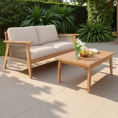 2-Piece Outdoor Patio Acacia Wood Rope Weave Conversation Sofa Set with Coffee Table