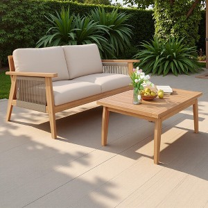 2-Piece Outdoor Patio Acacia Wood Rope Weave Conversation Sofa Set with Coffee Table - 1 of 4