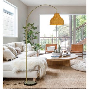 ALOADECOR 75" 1-Light Arc Floor Lamp with Brown Rattan Shade and Black Marble Base - 1 of 4