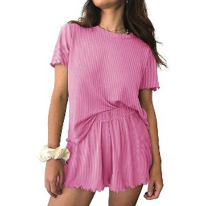 Ekouaer Womens Pajamas 2 Piece Ribbed Knit Pjs Short Sleeve Sleepwear Set Summer Soft Pajamas Set Casual Lounge Sets - 1 of 4