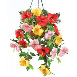 Collections Etc Hanging Artificial Tropical Hibiscus Bush Basket Set - 1 of 3