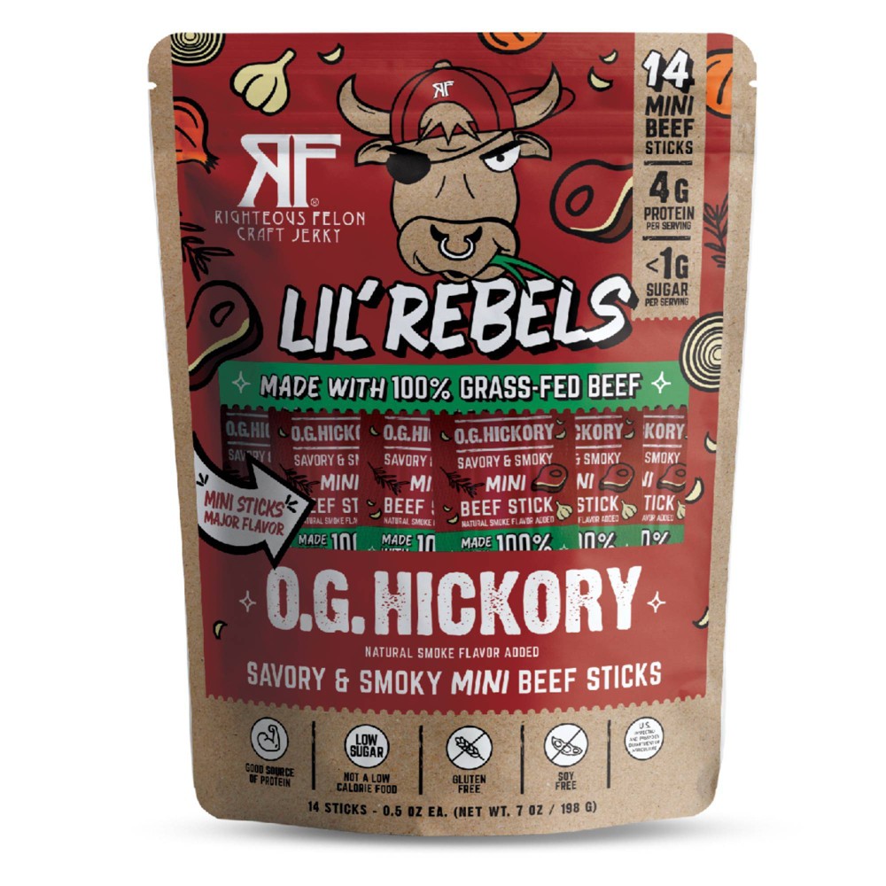 Righteous Felon Craft Jerky Lil Rebels OG Hickory Mini Beef High-Protein Snack Meat Sticks - 7oz/14ct