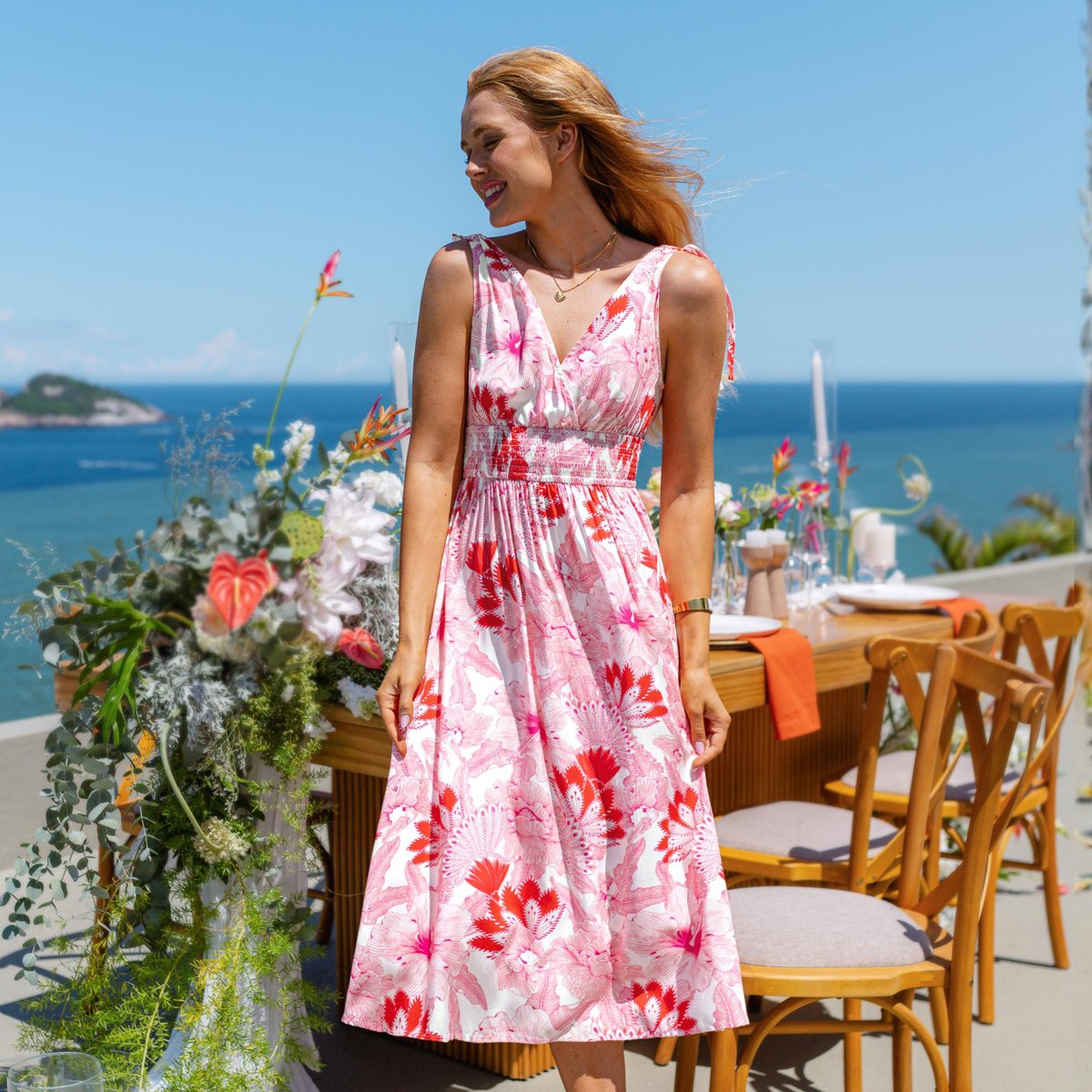 Женские платья Cupshe Women's Midi A-Line Dress with Floral Print for Weddings-L-Pink — фото 5